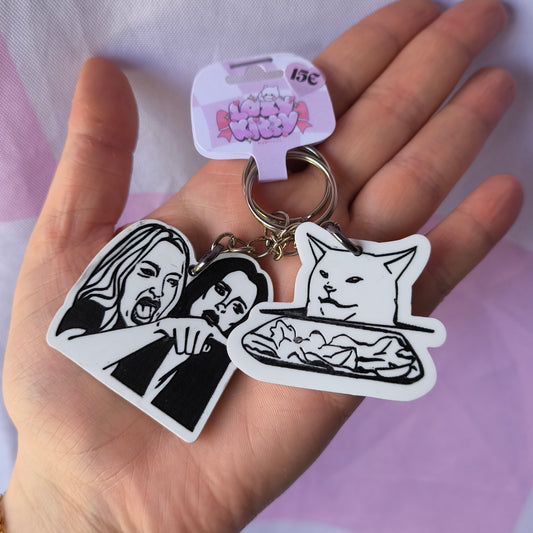 Woman Yelling At Cat Meme Keychain